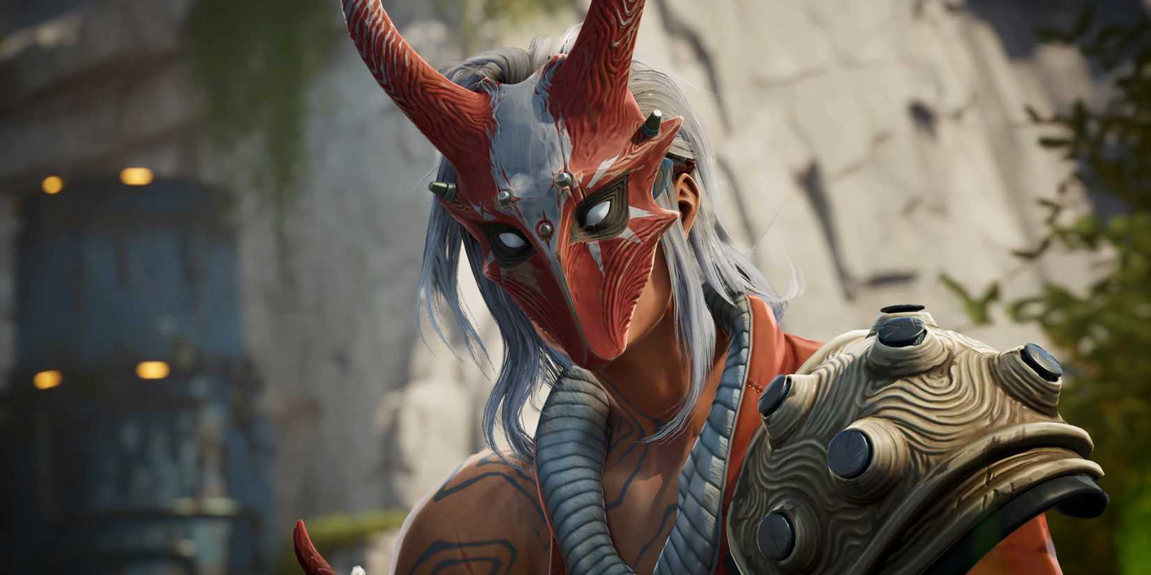 Una in Highguard, wearing a red and white horned mask.