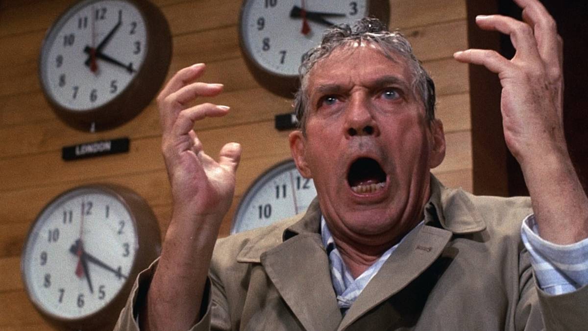 Howard Beale giving an unhinged monologue on the air in Network