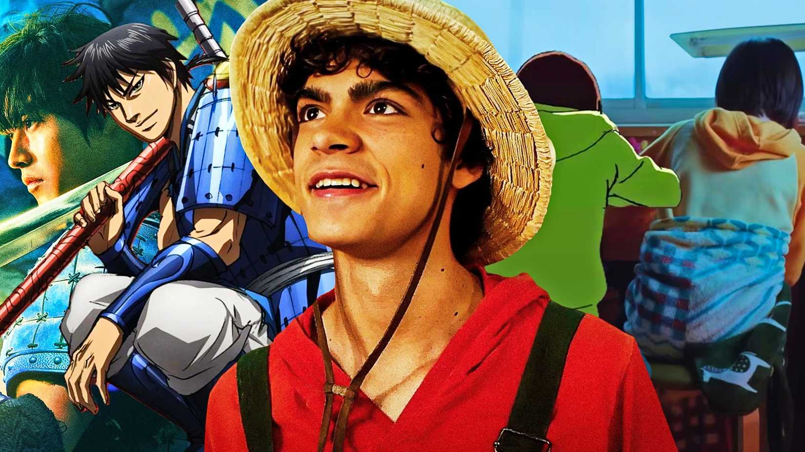 Iñaki Godoy dans le rôle de Luffy dans la saison 2 de One Piece devant les visuels des adaptations d'action en direct de Kingdom et Look Back Anime 2026