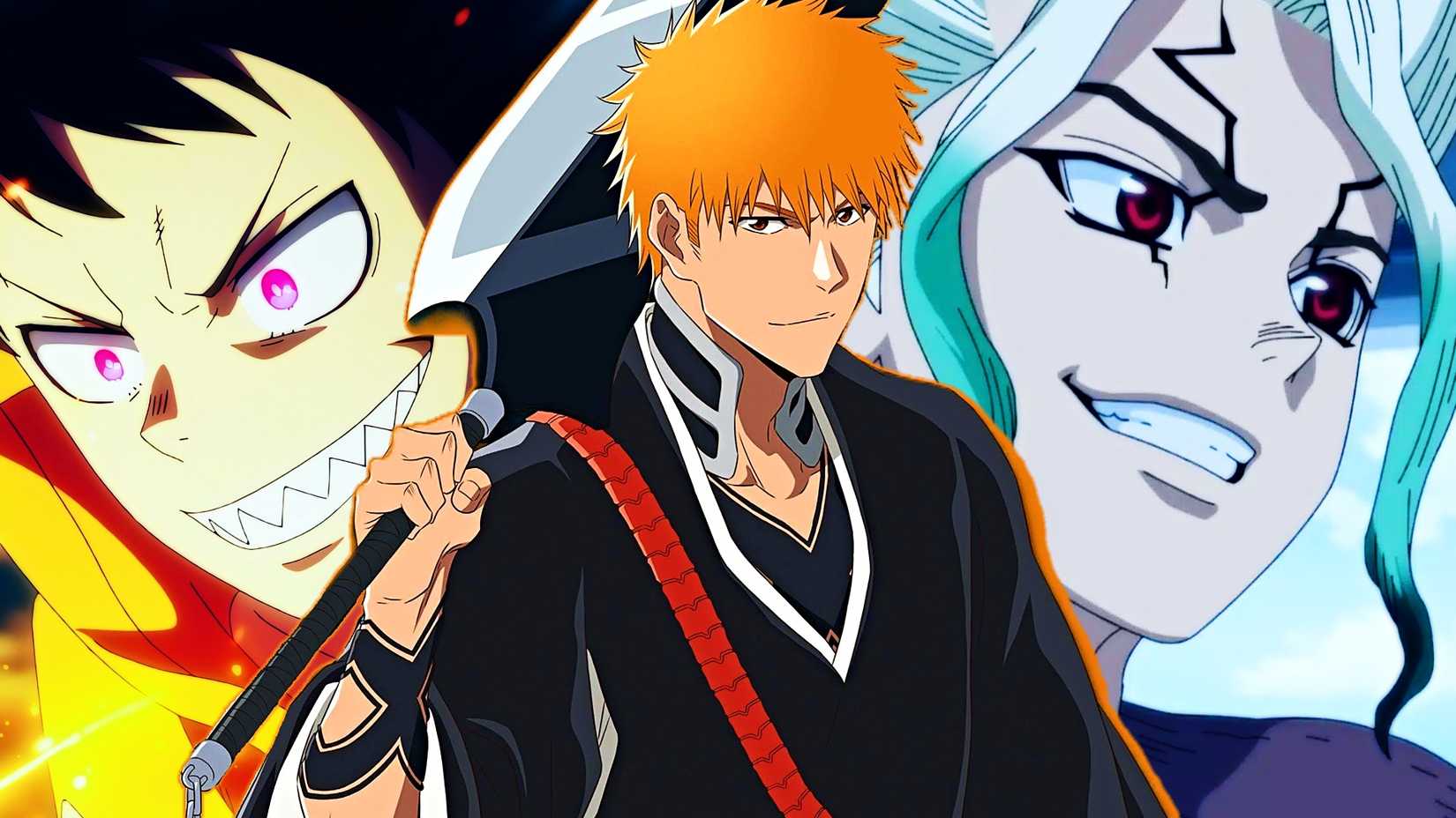 Ichigo Kurosaki from Bleach in front of Shinra Kusakabe from Fire Force and Senku Ishigami from Dr. Stone