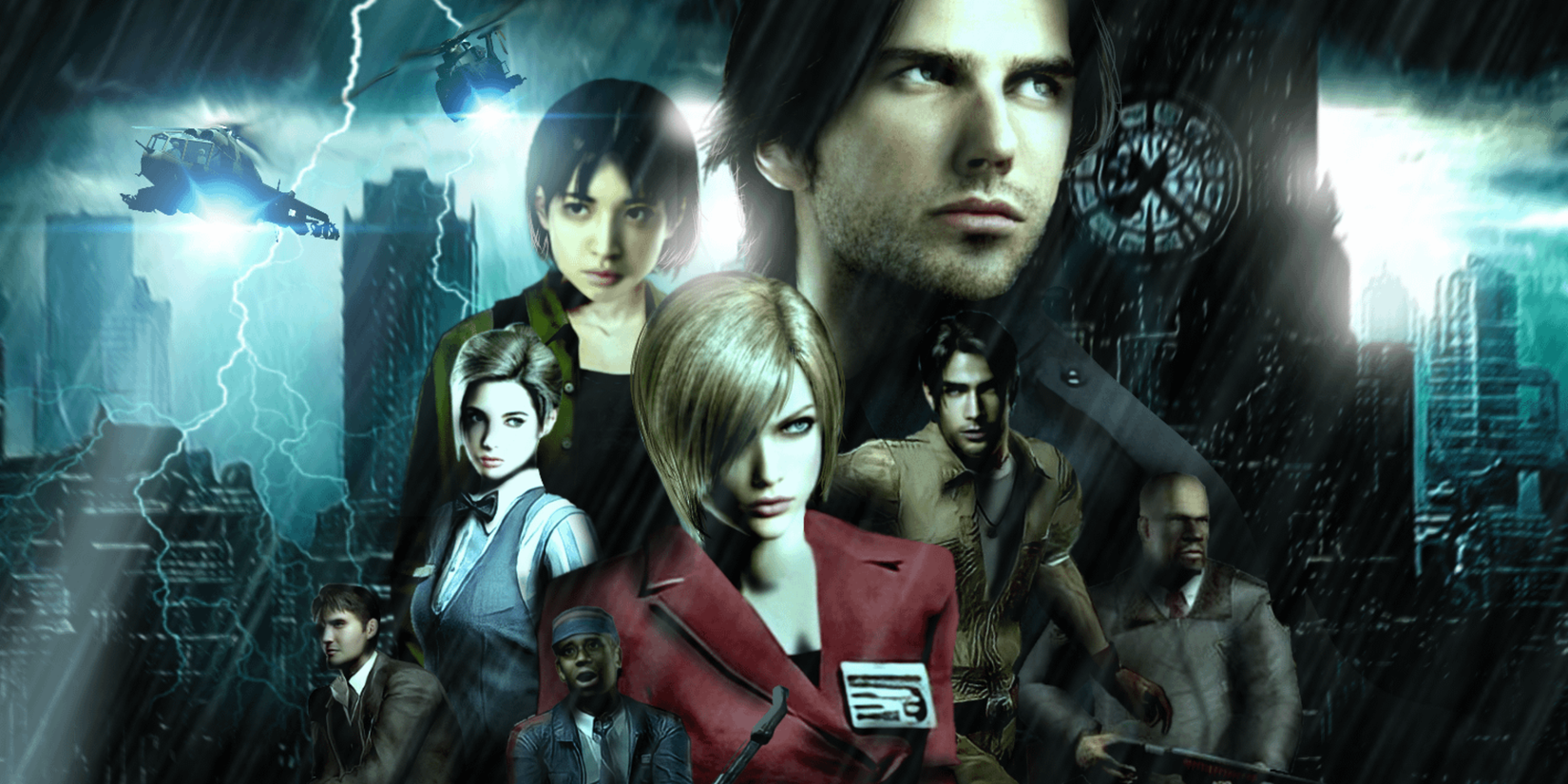 Resident Evil Outbreak characters in front of a city