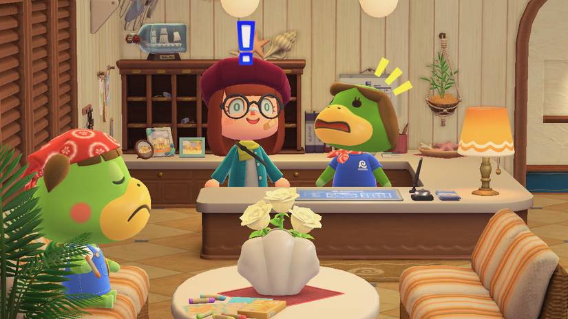 Animal Crossing New Horizons-Spieler steht mit Leilani im Hotel