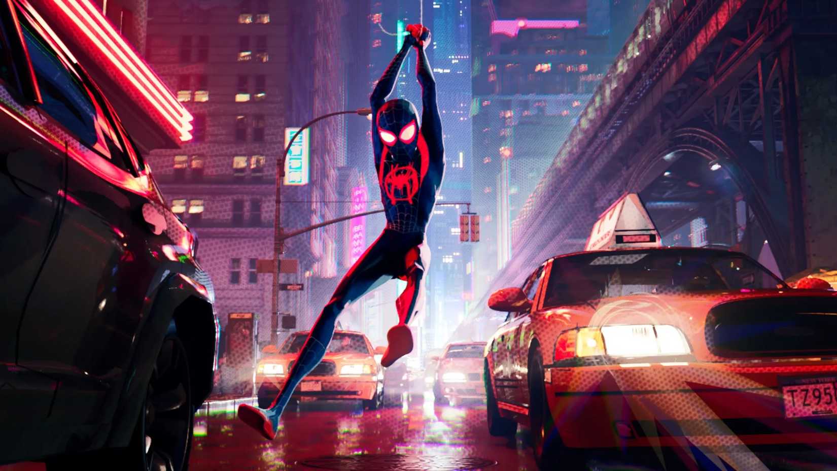 Spider-Man swinging through the streets in Into the Spider-Verse 