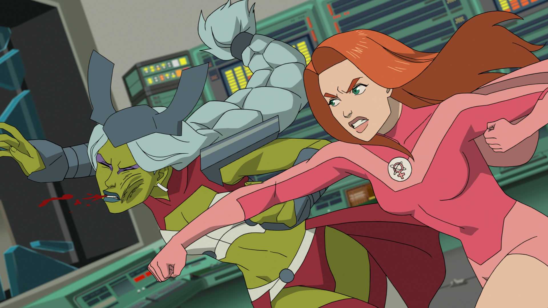 Invincible's Atom Eve punching Universa in season 4