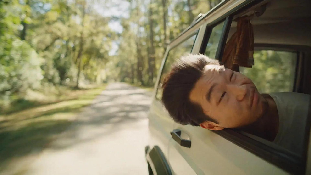 Phinehas Yoon as James sticking his head out of the car window in It Ends