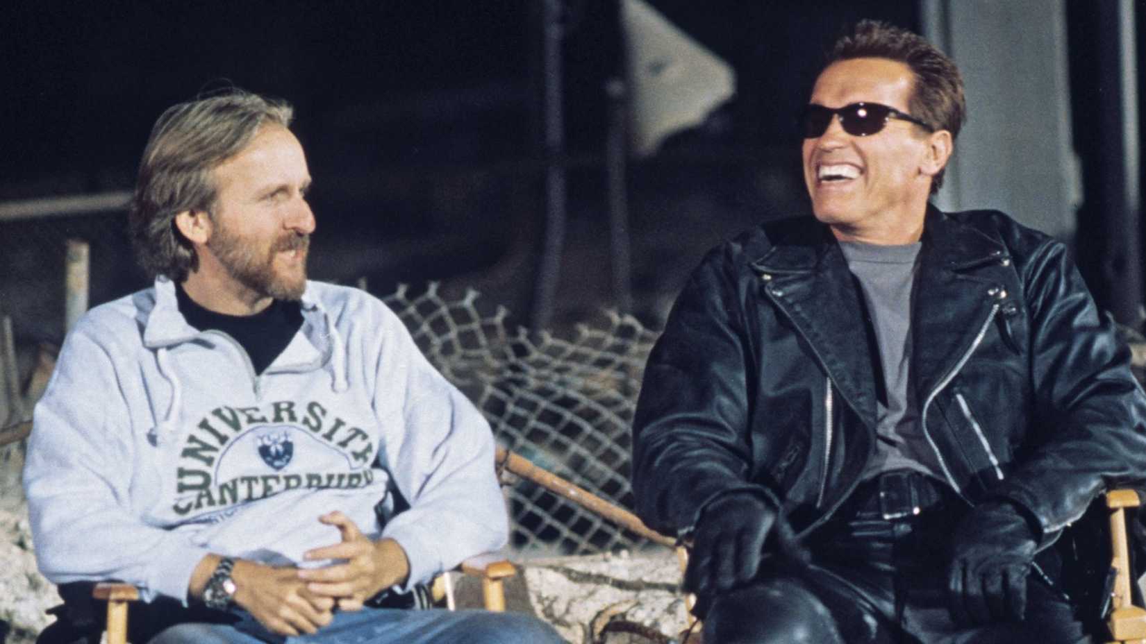 James Cameron and Arnold Schwarzenegger behind the scenes of Terminator 2