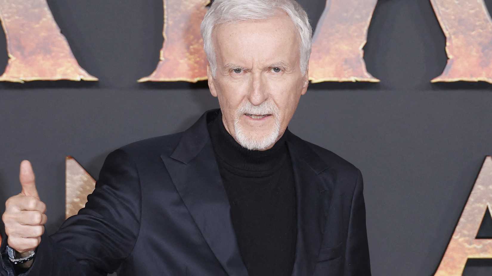 James Cameron giving a thumbs up on the red carpet for Avatar Fire and Ash