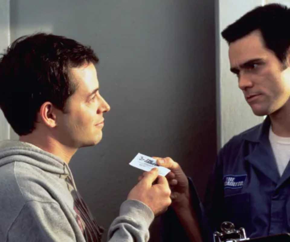 Jim Carrey as Chip talking to Matthew Broderick as Steven in The Cable Guy (1996)