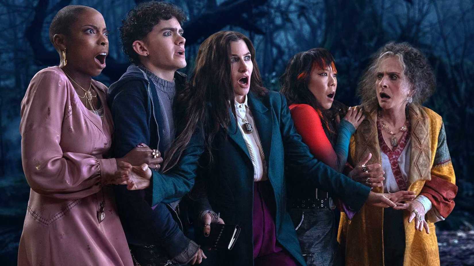 Kathryn Hahn as Agatha Harkness with her follow witches in Agatha All Along