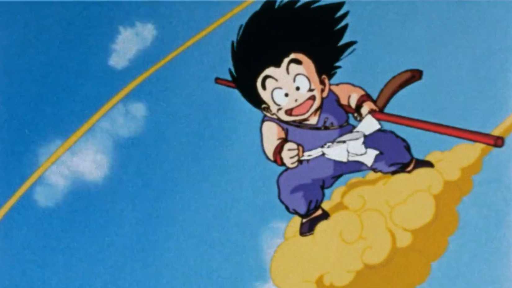 Goku riding Nimbus while holding the Power Pole in Dragon Ball.