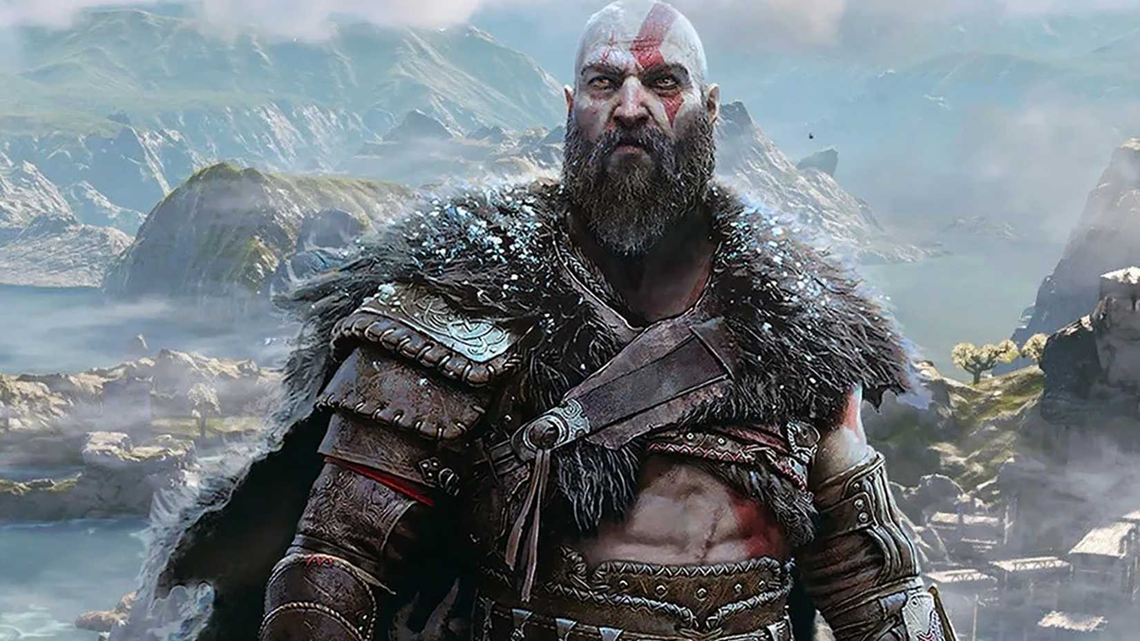 Кratos, пристально смотрящий на заснеженный фон в God of War: Ragnarok