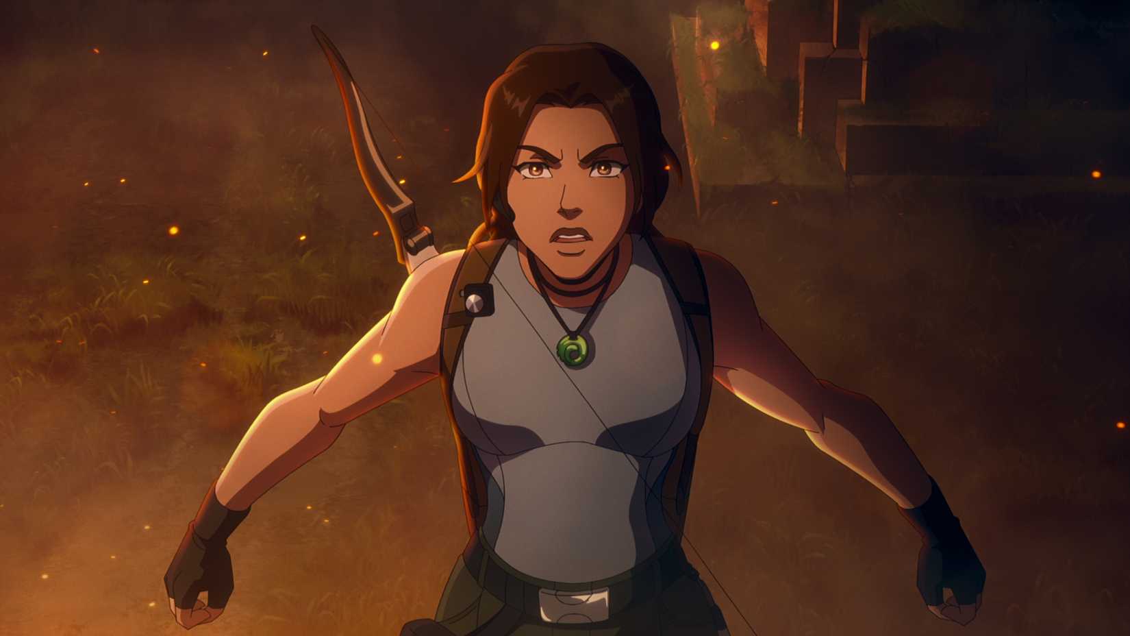 Lara Croft em cena da série The Legend of Lara Croft da Netflix.
