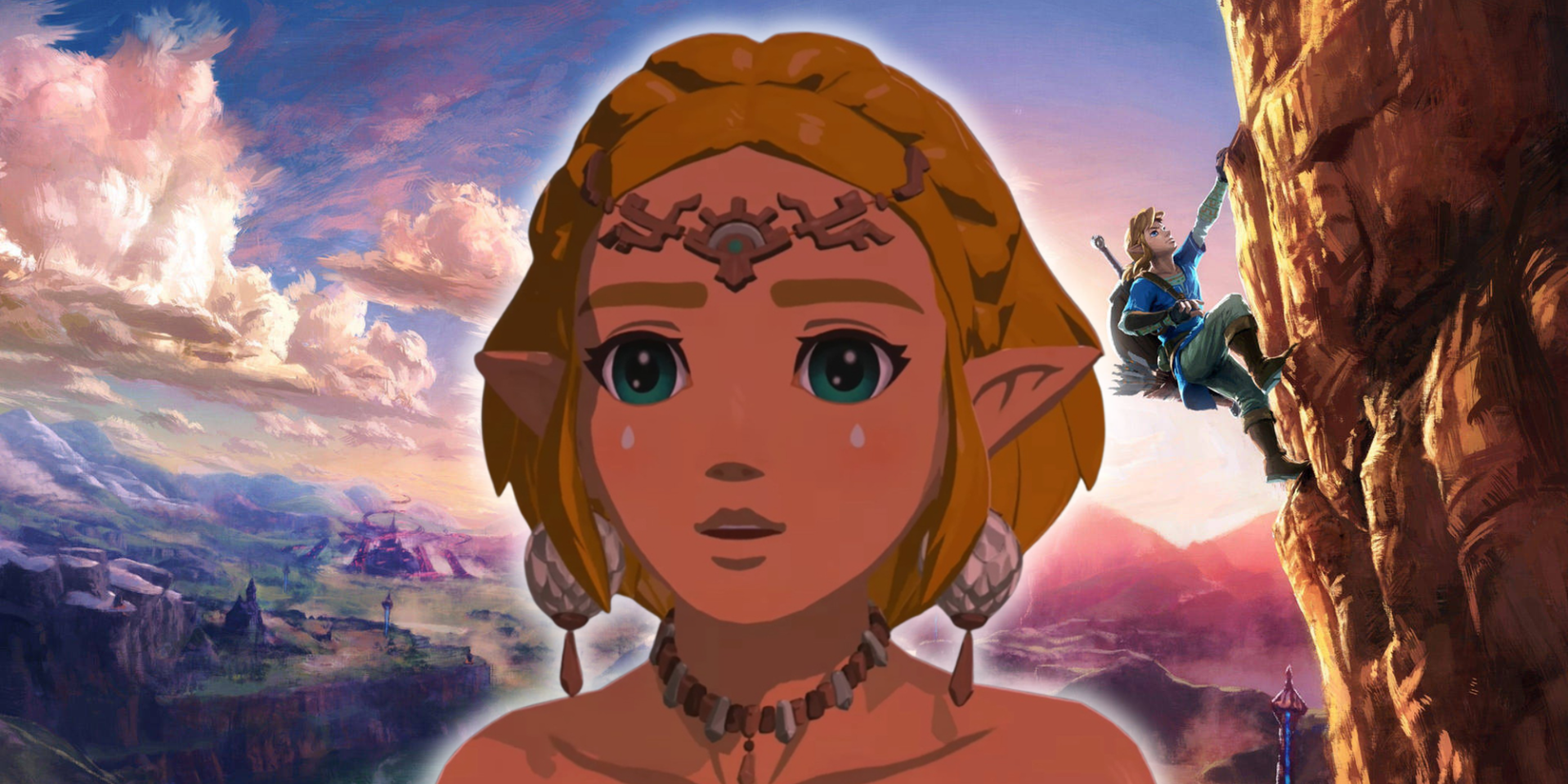 Легенда о Зельде: Tears of the Kingdom. Зельда, выражающая шок перед плакатом "Breath of the Wild" с изображением Линка - Featured Image для Gaming