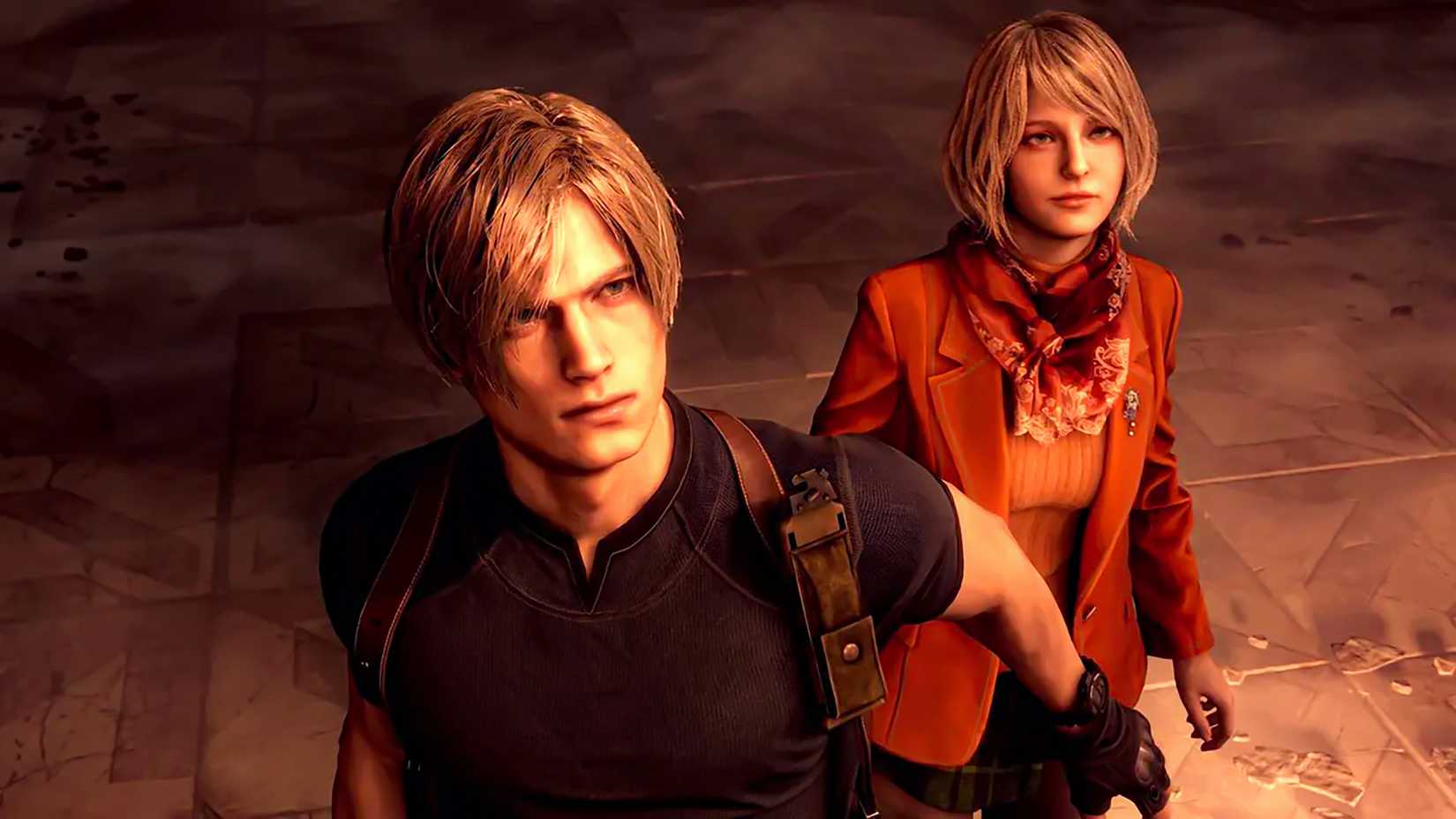 Leon with his arm in front of Ashley to protect her in Resident Evil 4 Remake