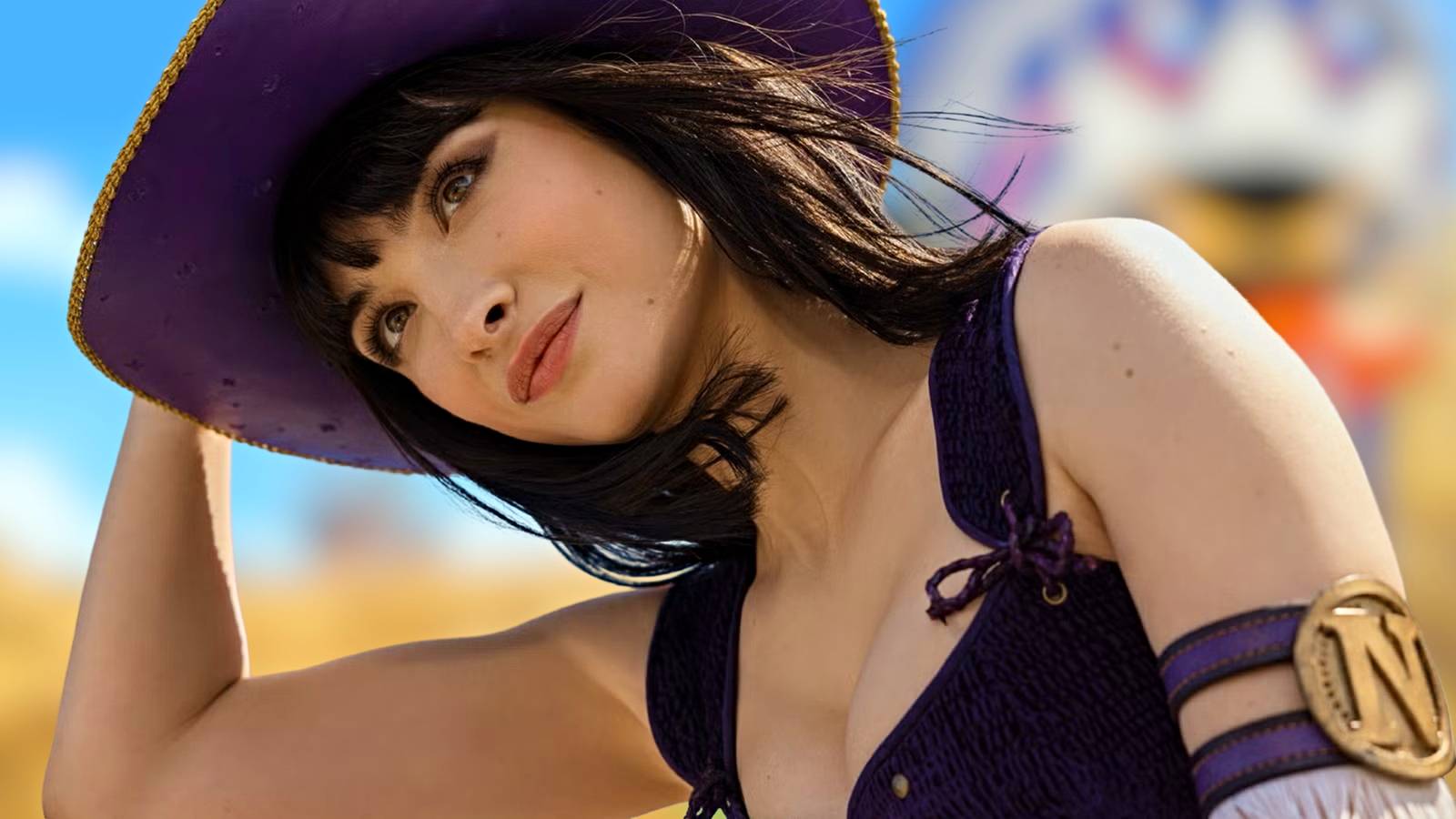 Lera Abova as Nico Robin in One Piece Season 2 with a blurred background of Karoo