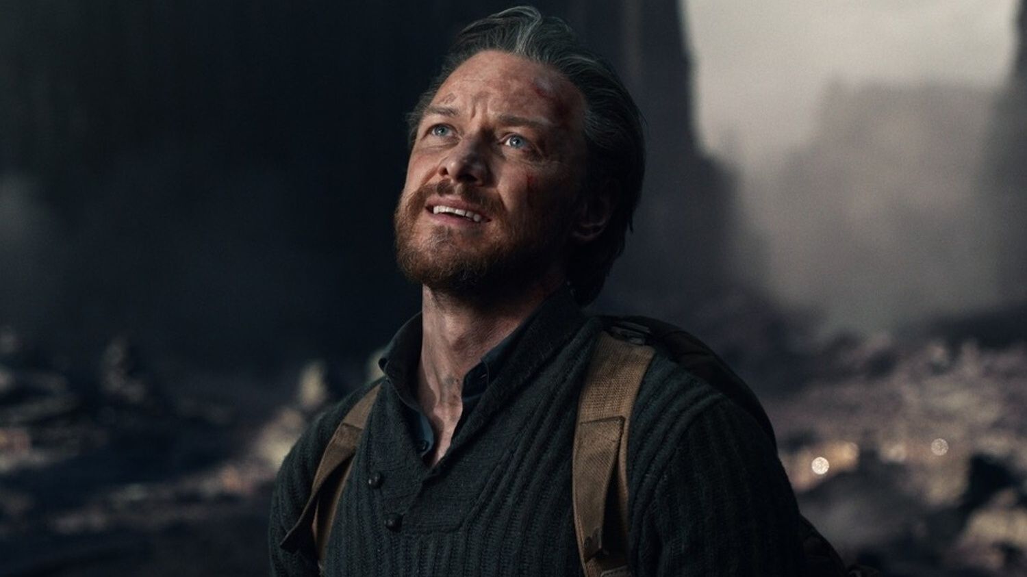 Lord Asriel (James McAvoy) looking up at the angels in the His Dark Materials season 2 finale