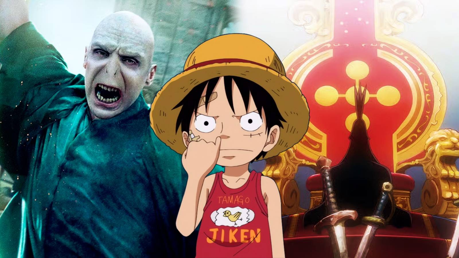 Luffy từ One Piece đang ngoáy mũi, Imu ngồi trên ngai vàng trống rỗng, còn Voldemort từ Harry Potter ở phía sau.