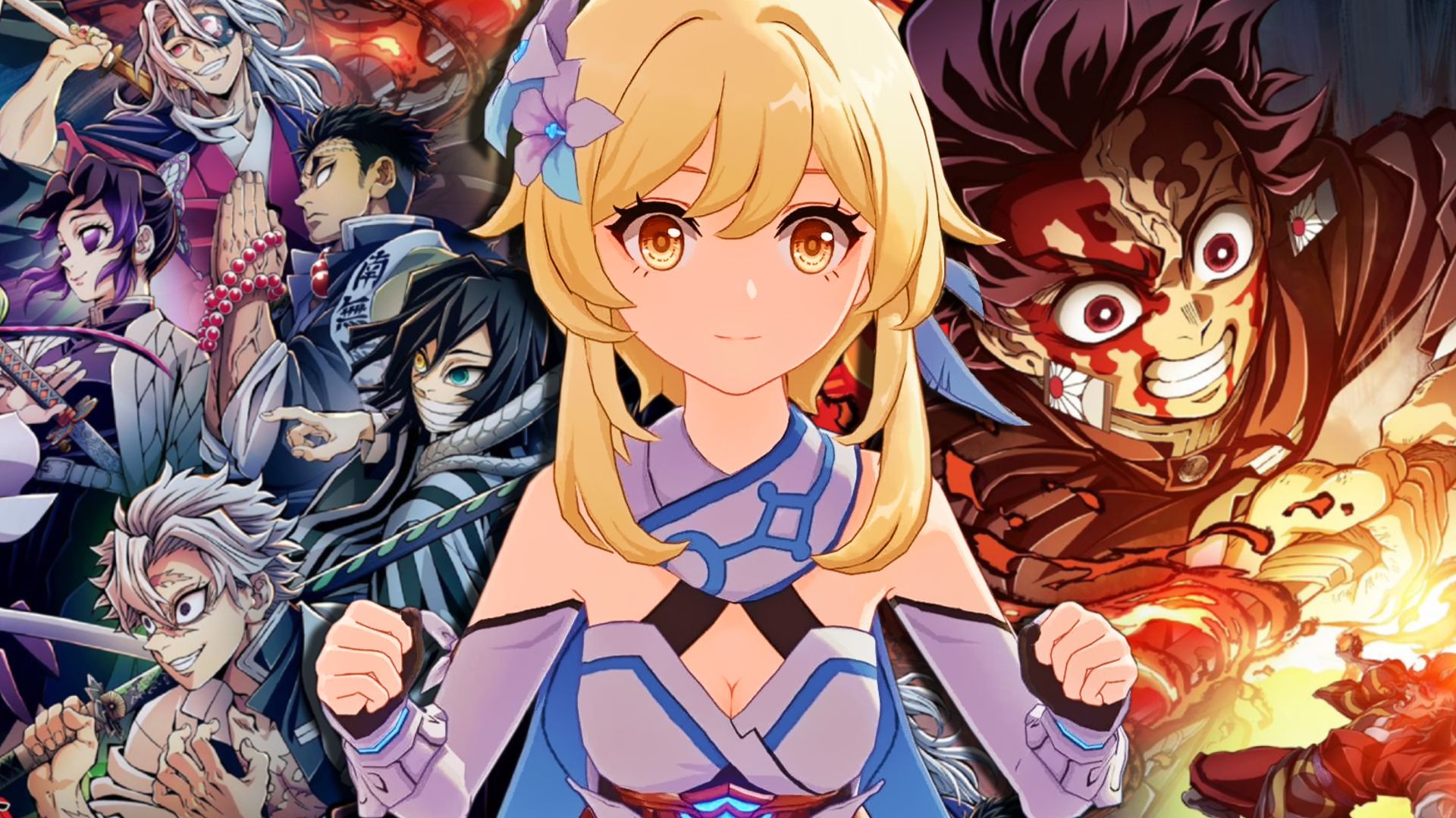 Lumine from genshin impact looking excited with the cast of demon slayer in the background