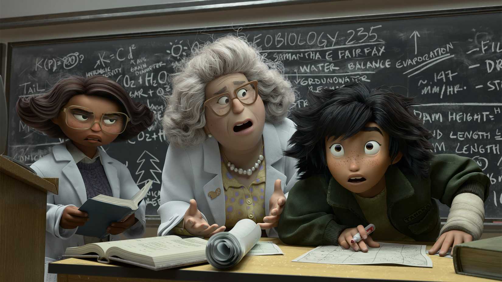 Mabel com os cientistas em Hoppers