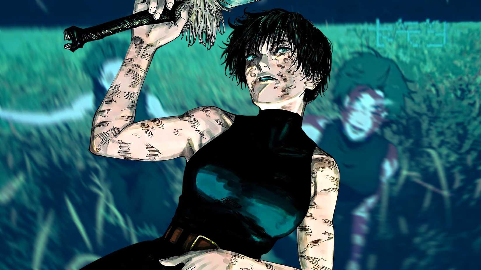 Maki Zenin avec en arrière-plan une scène de l'ouverture de la saison 3 de Jujutsu Kaisen mettant en vedette Maki et Mai courant main dans la main dans un champ