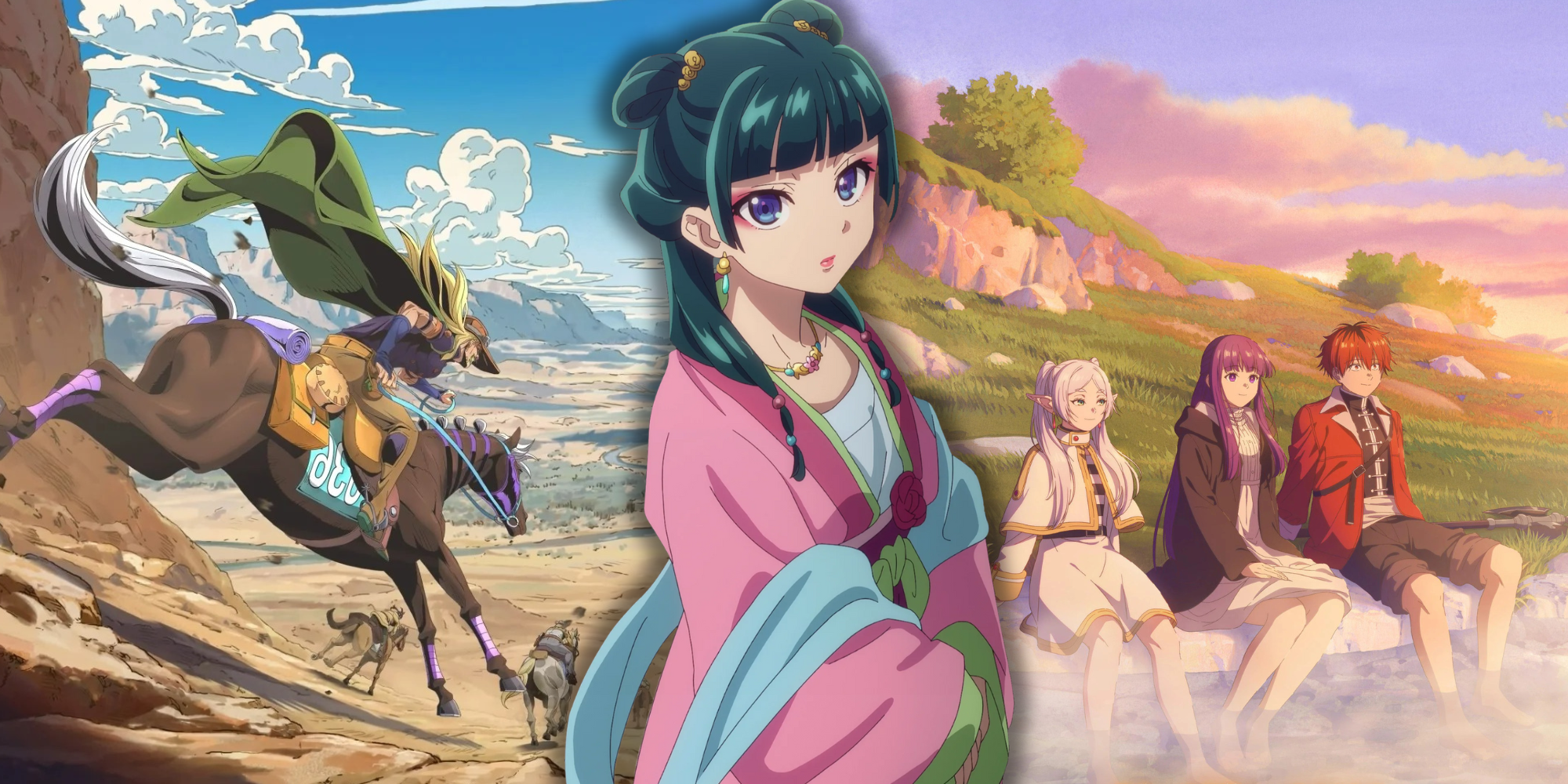 Maomao de The Apothecary Diaries devant les affiches de la saison 2 de Jojo's Bizzare Adventure Steel Ball Run et Frieren Beyond Journey's End - Anime Featured Image