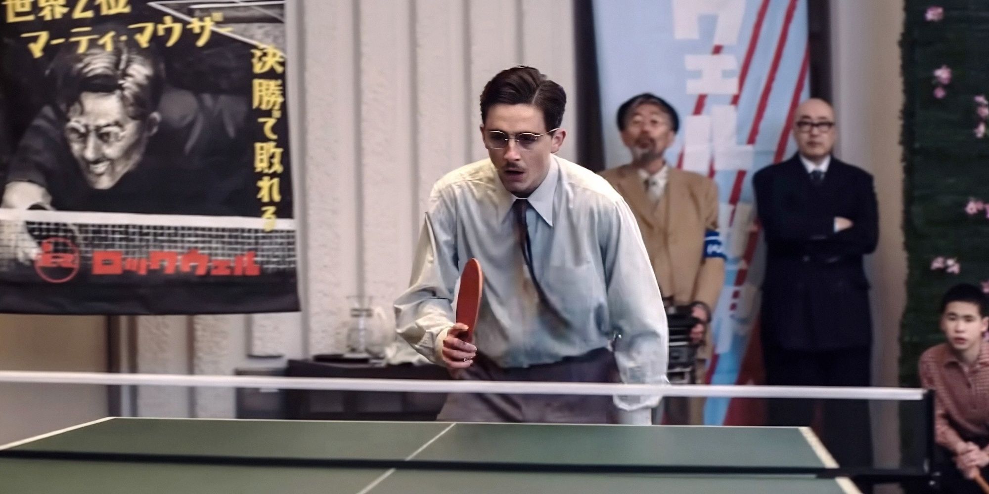 Timothée Chalamet as Marty Mauser playing table tennis in Marty Supreme