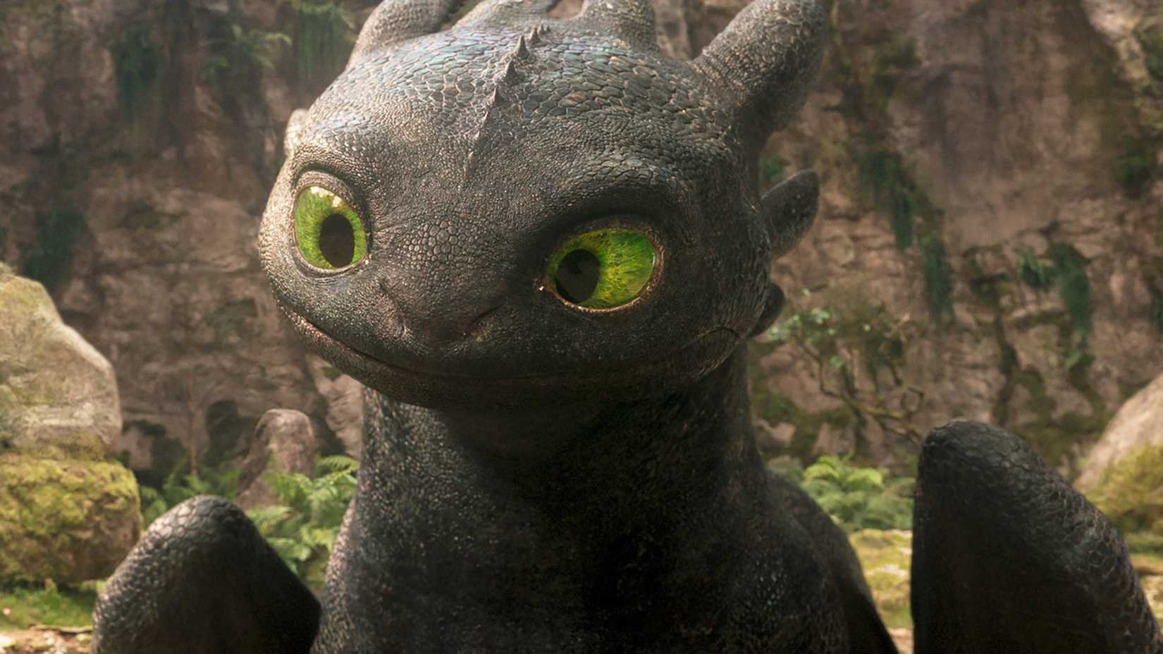 Toothless the Night Fury staring with wide eyes in the live-action How to Train Your Dragon