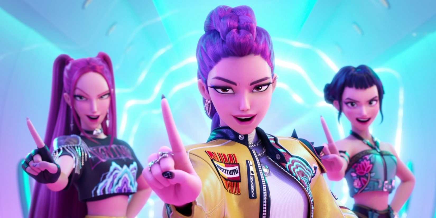 Mira, Rumi e Zoey, personagens de KPop Demon Hunters, em cena gerada por IA.