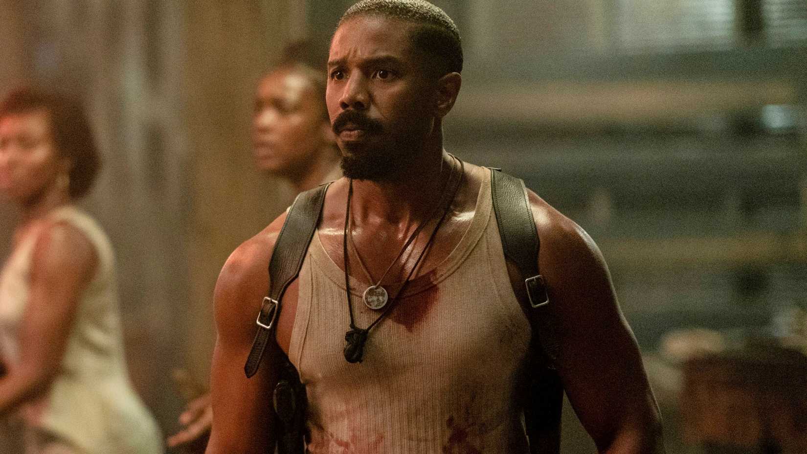 Michael B Jordan looking scared in Sinners