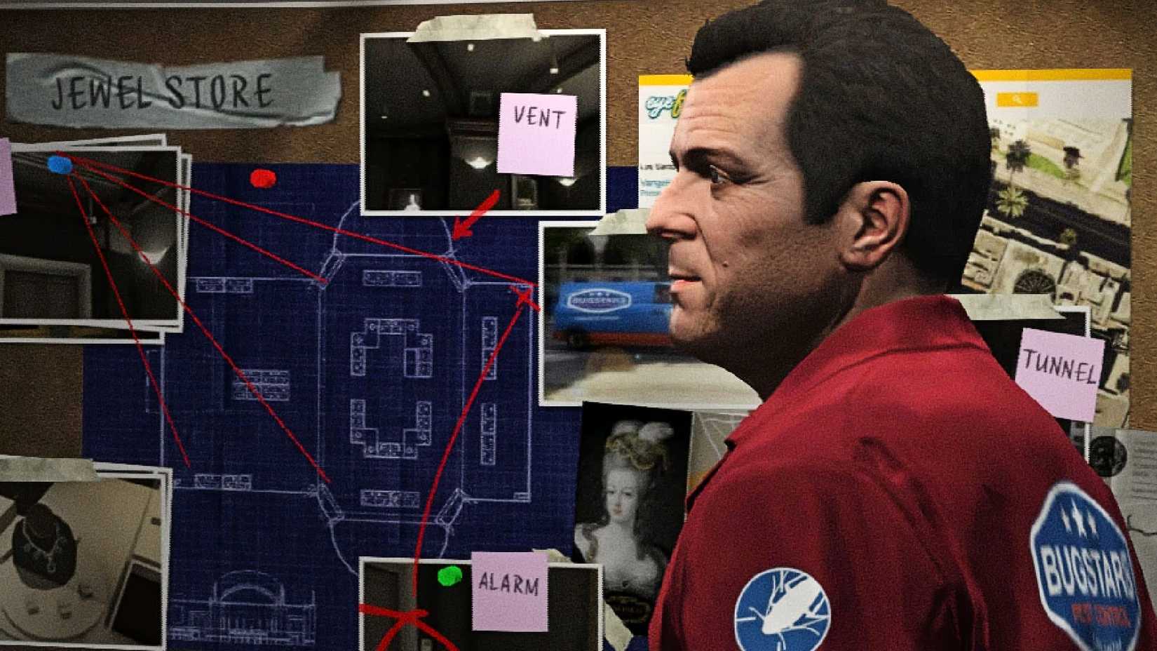 Michael stands next to a heist board in GTA V