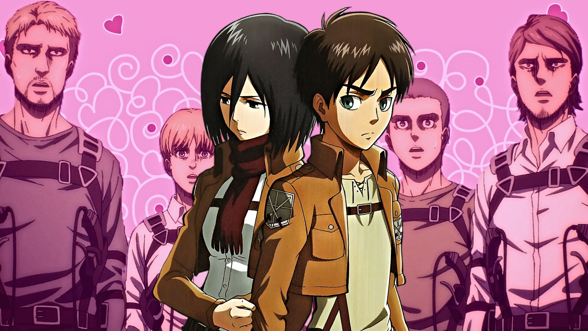 Mikasa and Eren from Attack on Titan in front of Reiner, Armin, Conny and Jean with a pink background with floating hearts