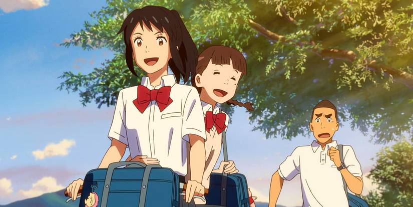 Mitsuha rides a bike with her friends in Your Name