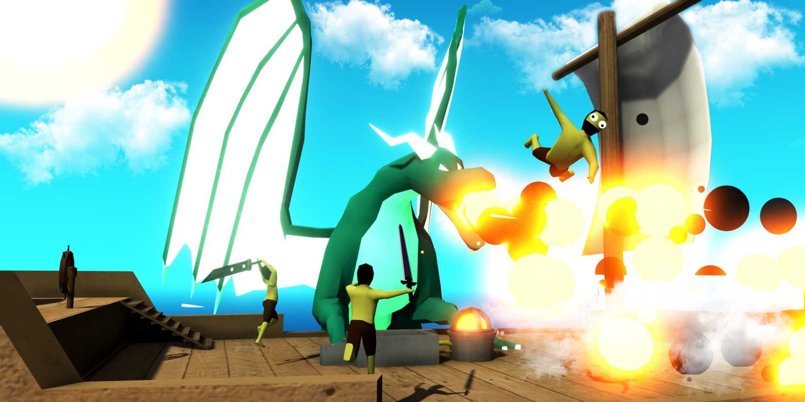 Muck players face a dragon on a ship.