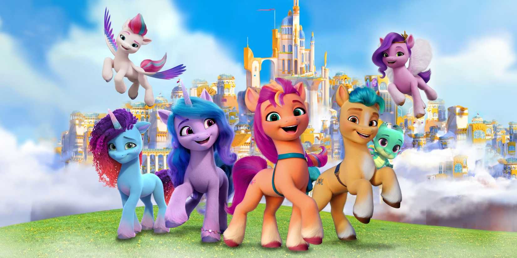 Six ponies from My Little Pony A Zephyr Heights pose in front of a city with a castle.