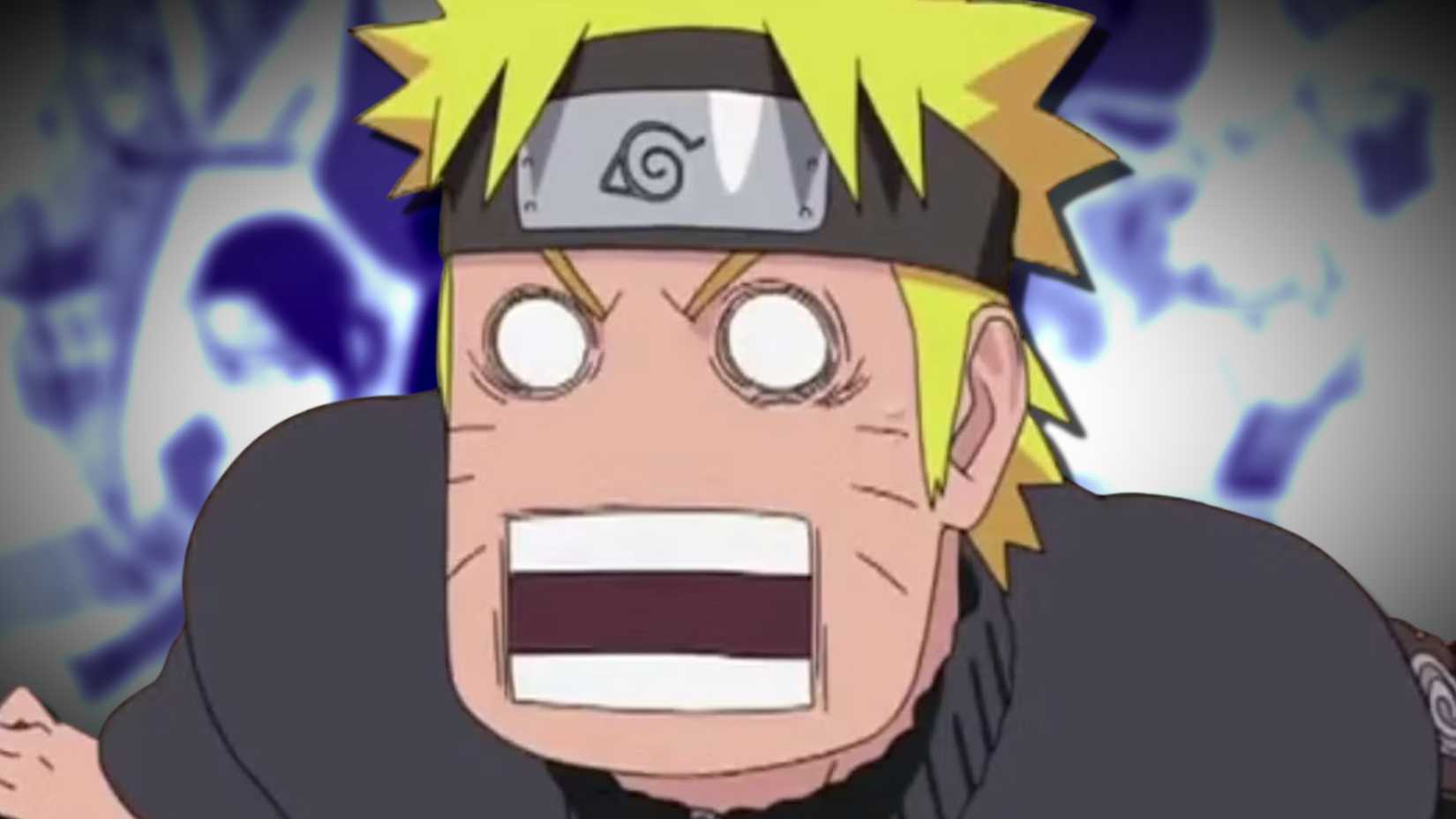 Naruto com expressão de surpresa, com um pôster de Boruto ao fundo.