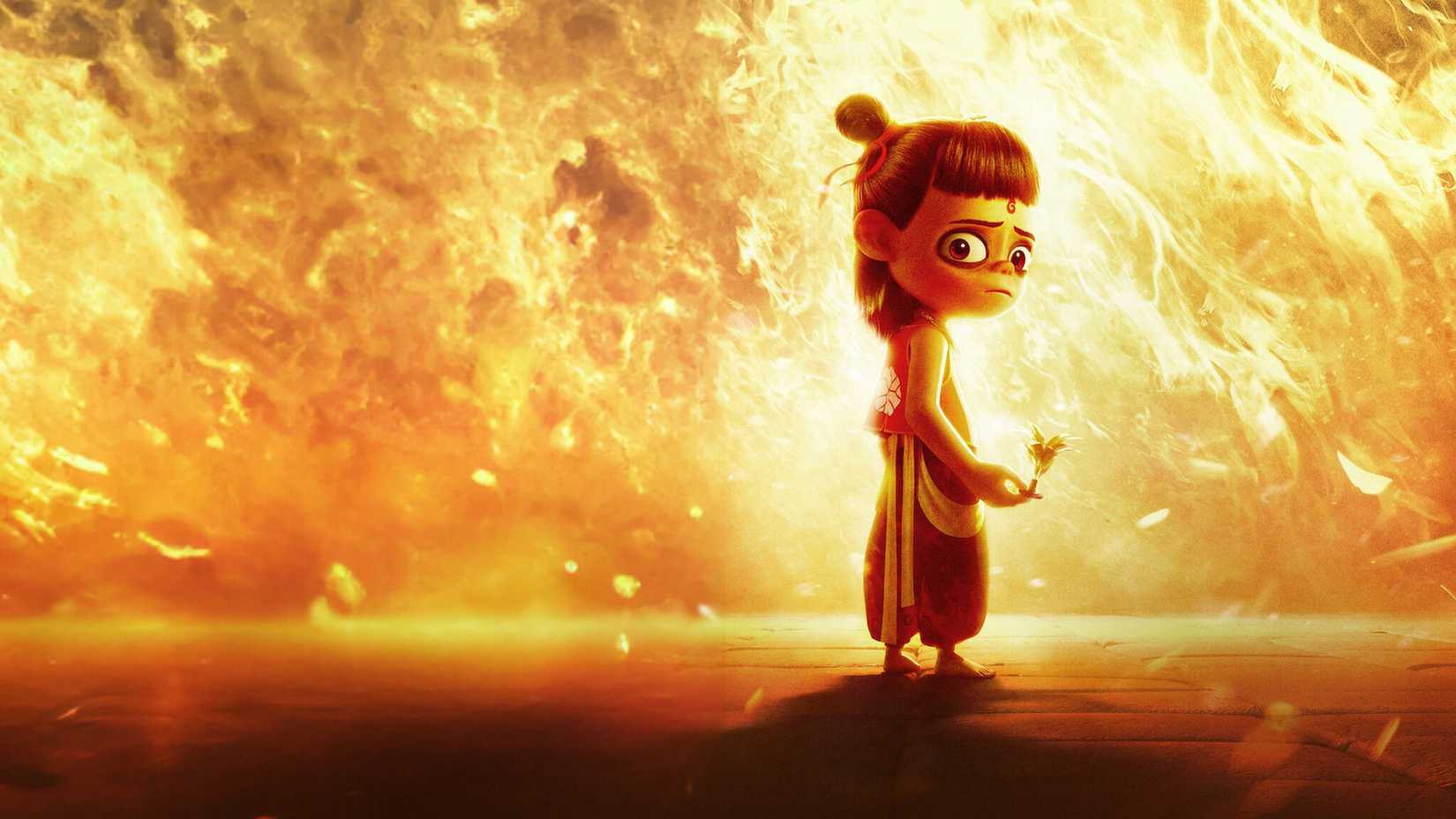 An animated child in front of a wall of fire in Ne Zha.