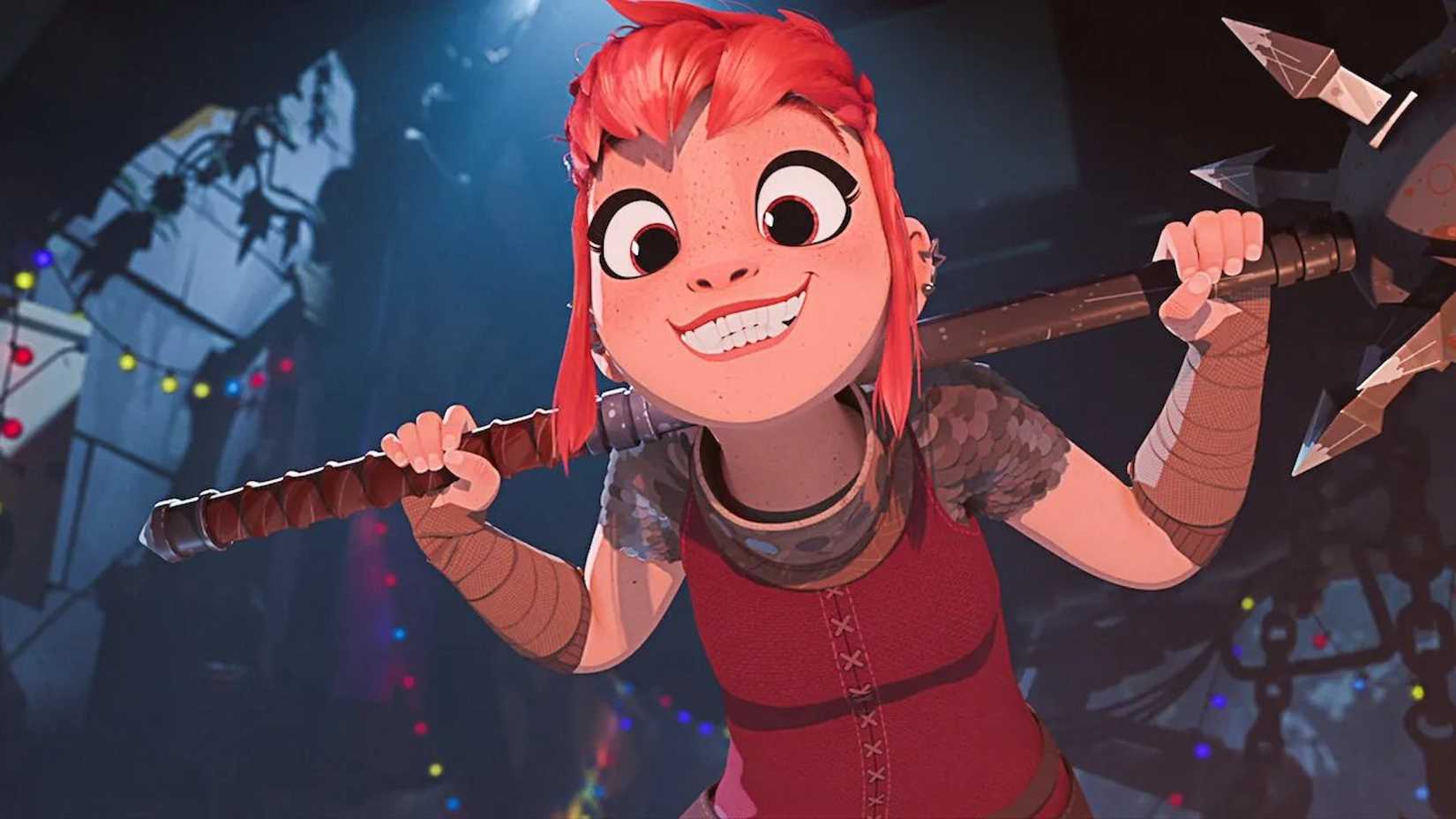 An animated character with pink hair wields a mace in Nimona.