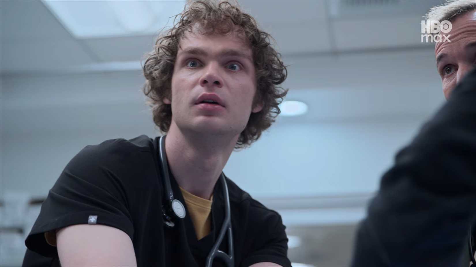 James Ogilvie (Lucas Iverson) looking shocked in The Pitt season 2, episode 4