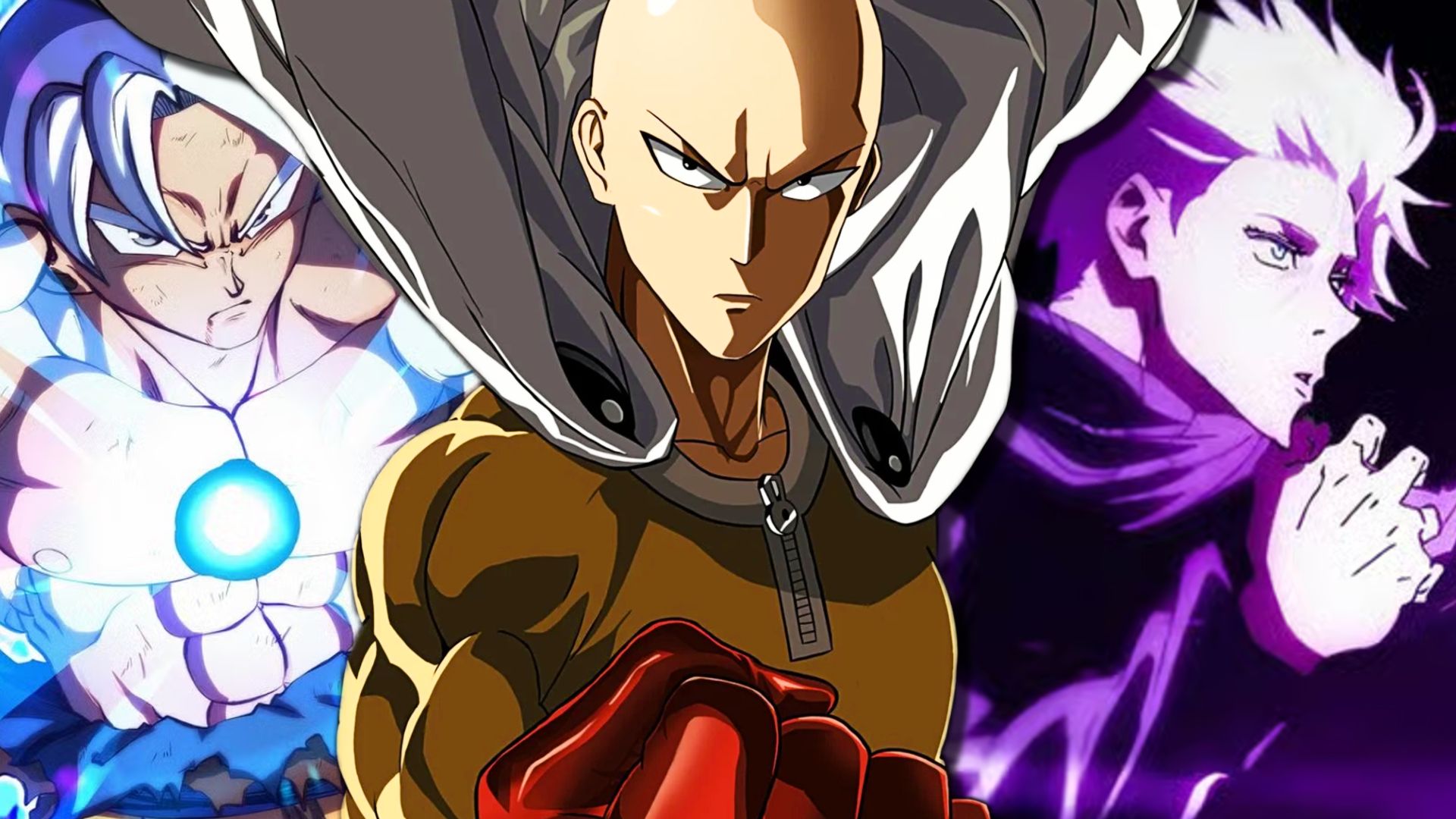 One-Punch Man Saitama, Dragon Ball's Goku, and Jujutsu Kaisen's Gojo