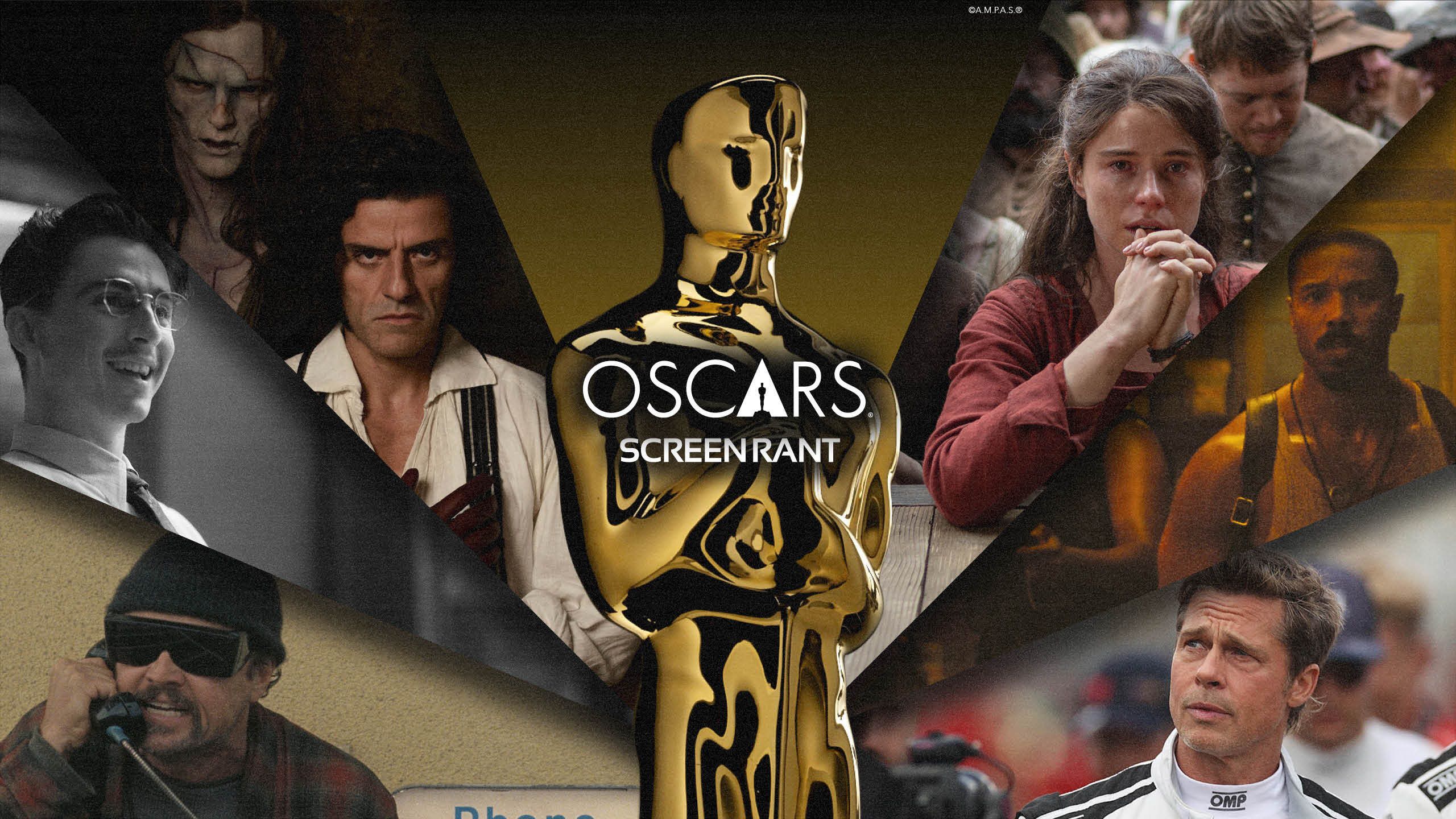 One Battle After Another, Marty Supreme, Frankenstein, Hamnet, Sinners, and F1 with Oscars statue