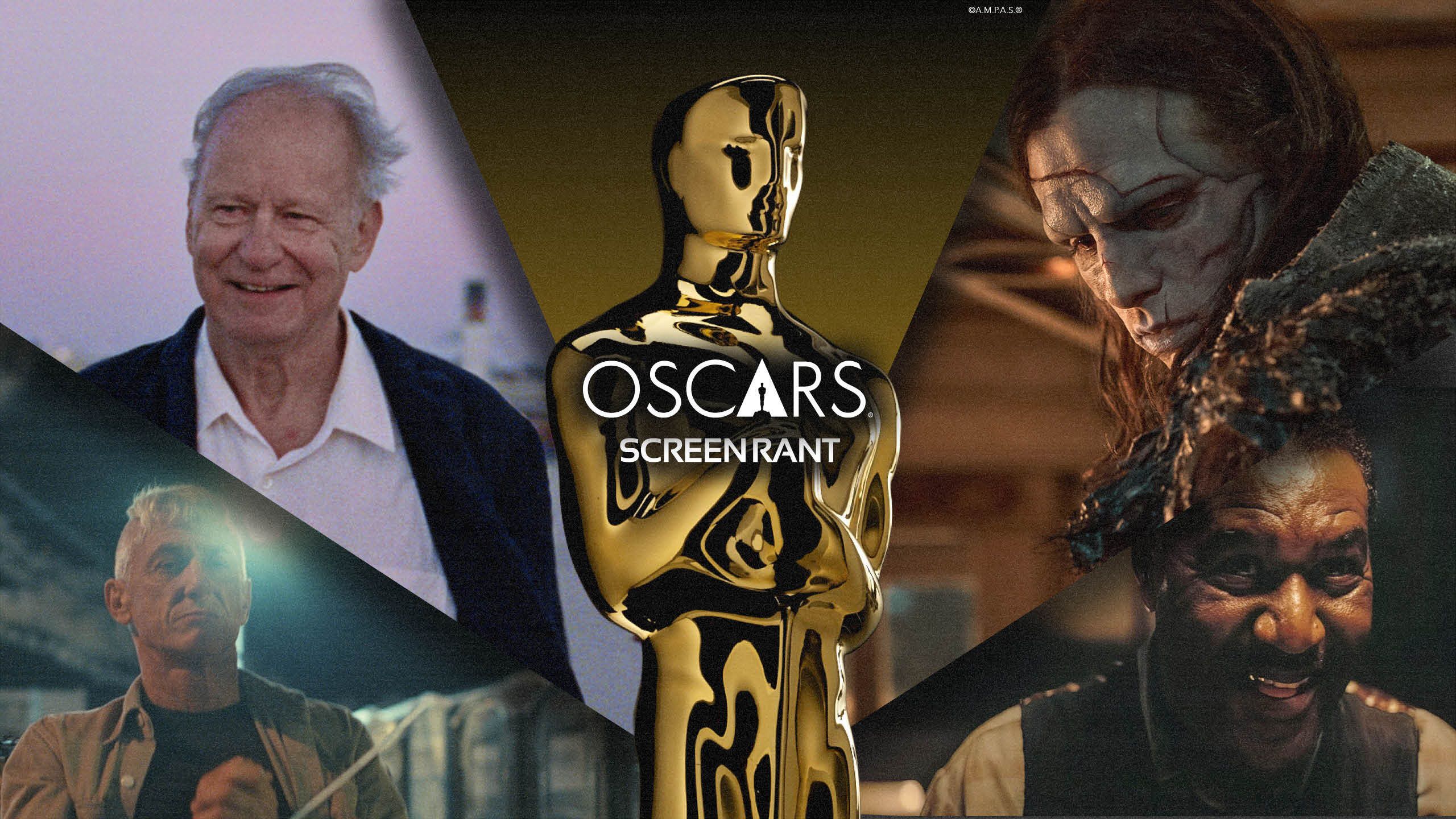 Sean Penn in One Battle After Another, Stellan Skarsgård in Sentimental Value, Jacob Elordi in Frankenstein, and Delroy Lindo in Sinners with the Oscars statue