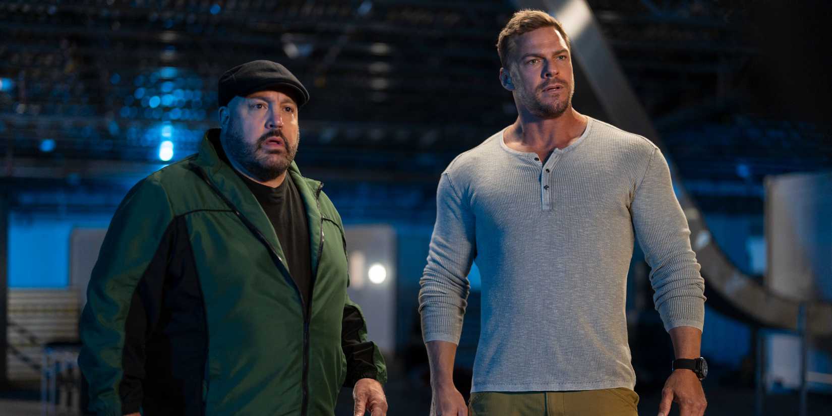 Brian (Kevin James) and Jeff (Alan Ritchson) standing and staring at someone in Playdate.