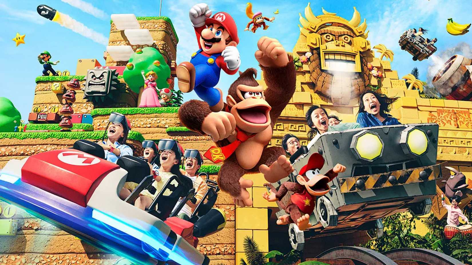 Players interact with Mario and Donkey Kong in Universal's Super Nintendo World