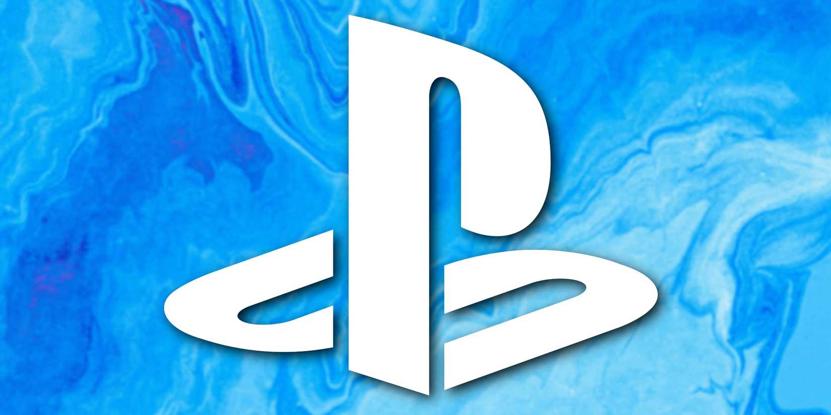 A white PlayStation logo floats above light blue artwork.