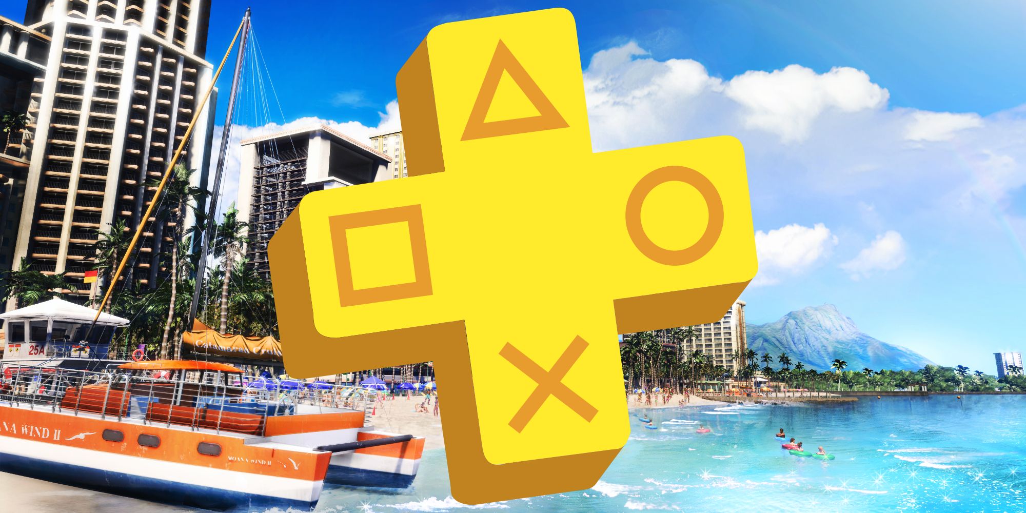 PlayStation Plus logo over a Hawaiian landscape in Like A Dragon Infinite Wealth.