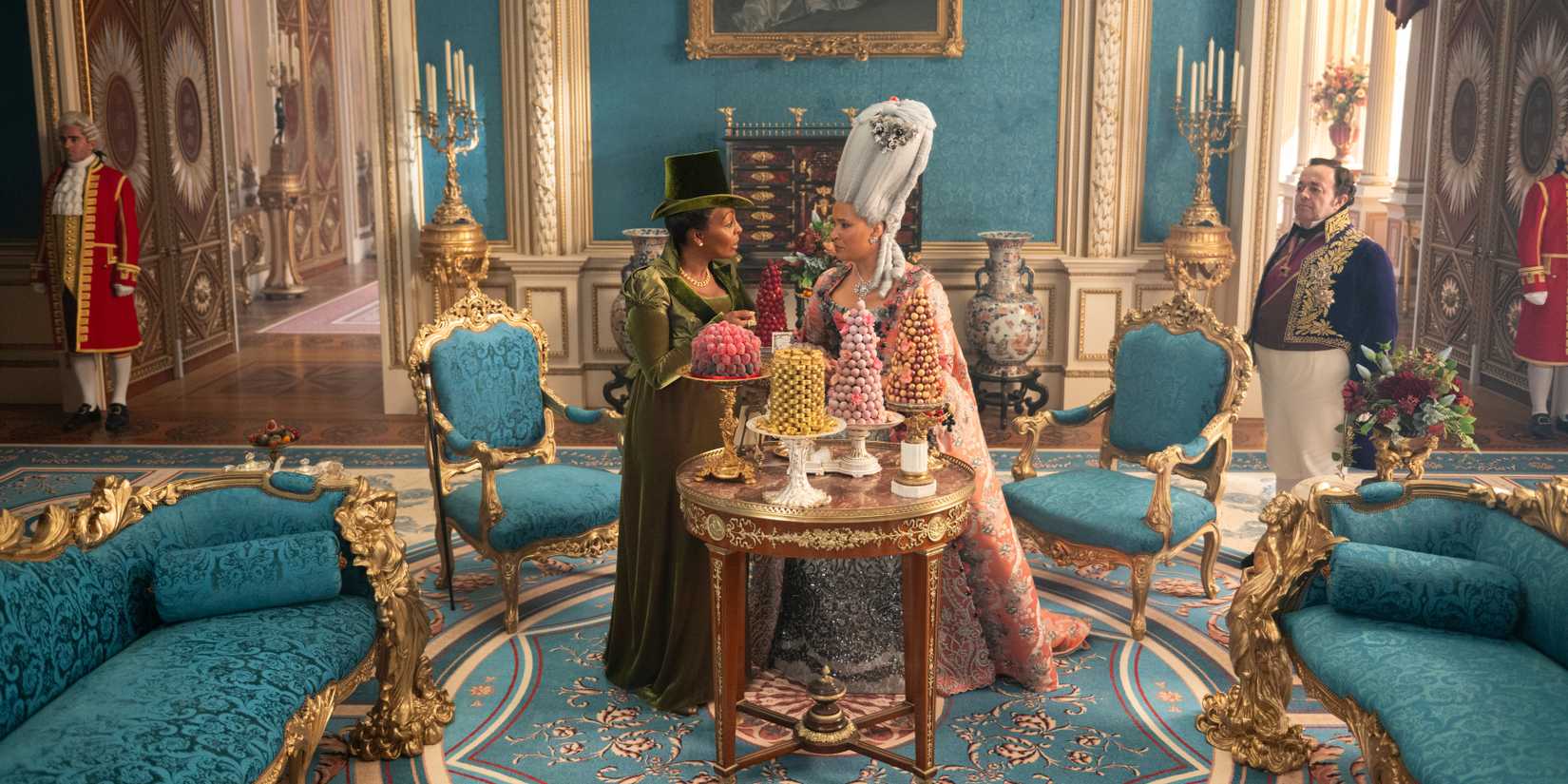 Adjoa Andoh as Lady Danbury, Golda Rosheuvel as Queen Charlotte, and Hugh Sachs as Brimsley in Season 4 Episode 3 of Bridgerton