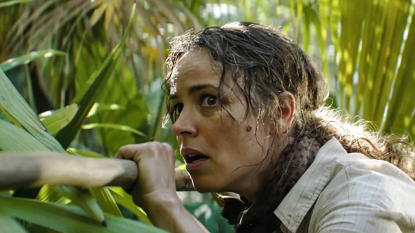 Rachel McAdams as Linda holding a makeshift spear as she hunts a boar in Send Help