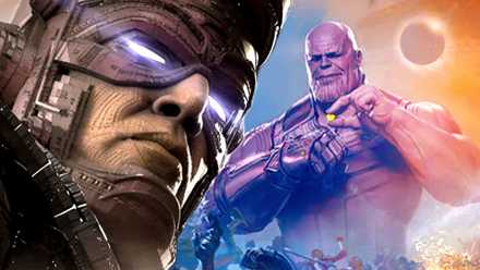 Galactus de Ralph Ineson mira hacia abajo y Thanos de Josh Brolin pone una Piedra del Infinito en su guante en el MCU