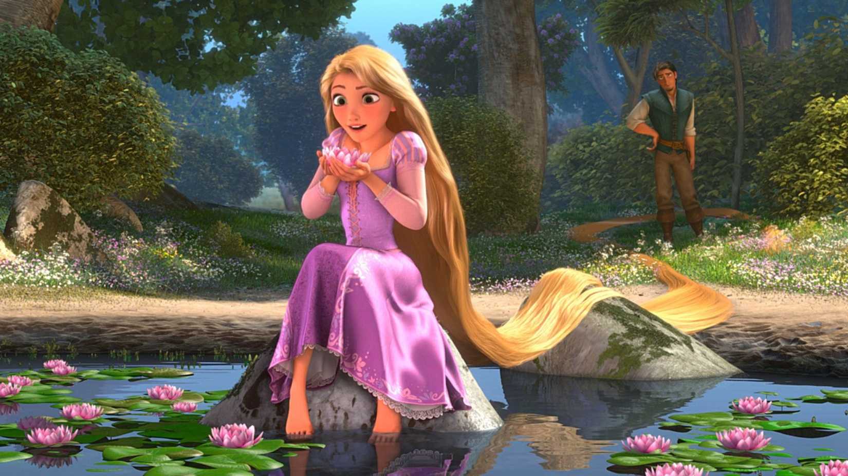 rapunzel looking at a flower in tangled