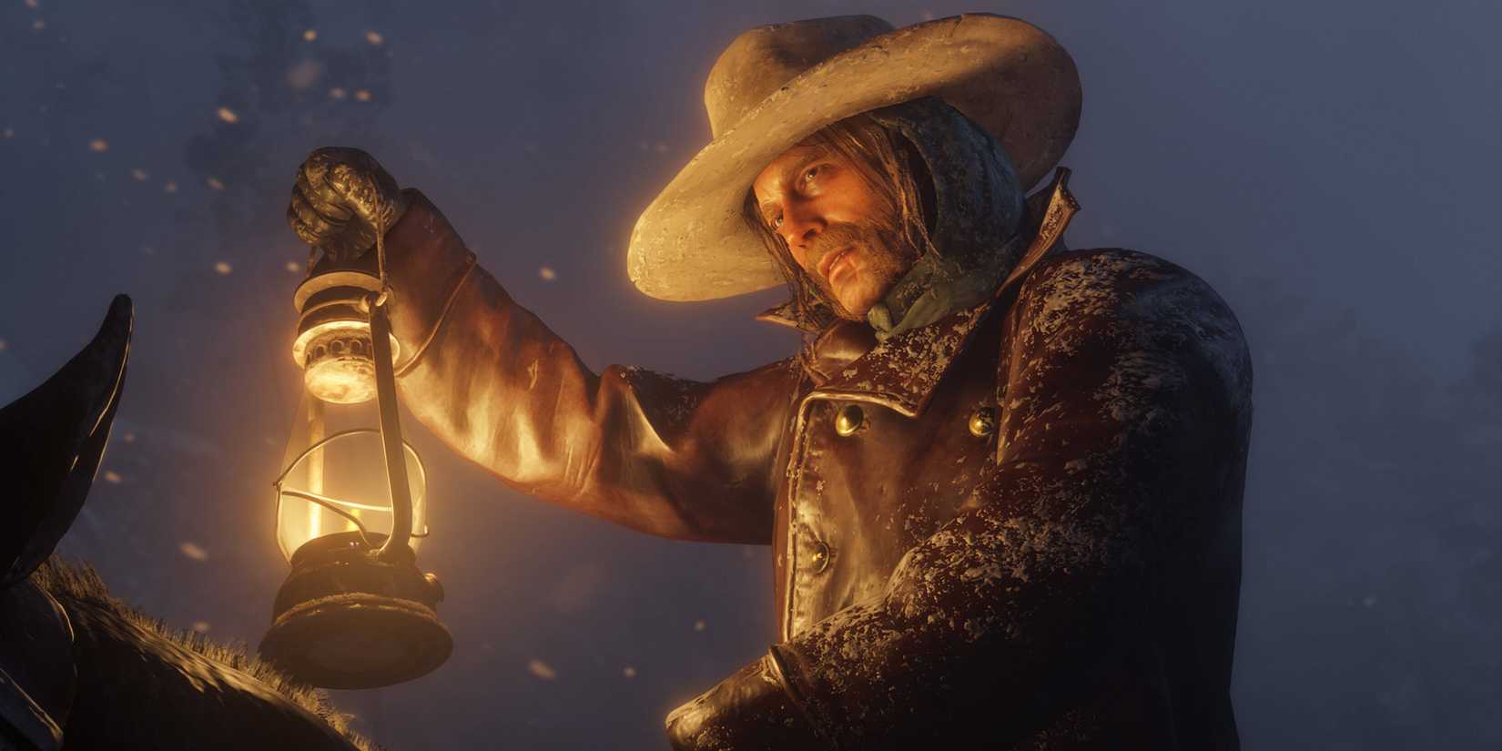 A Red Dead Redemption 2 character holding a lantern aloft in the snow